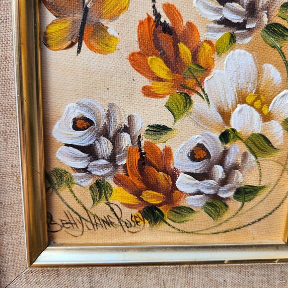 Original Signed Butterfly & Floral Oil Painting On Board In Vintage Faux Bamboo - Picture 4 of 8